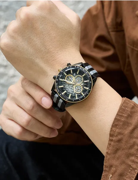 Design MEGIR Chronograph Black Gold Striped Nylon Strap Watch Watches - 16