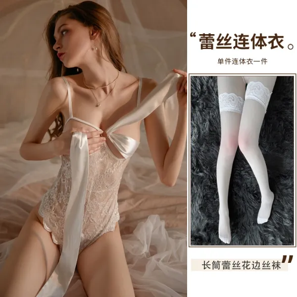 Design Lace Bodysuit with Satin Ribbon and Sheer Stockings Underwear - 1
