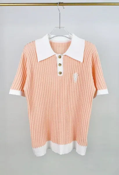 Design Ribbed Knit Polo Shirt Peach with White Collar and Cuffs Tops.polo - 1