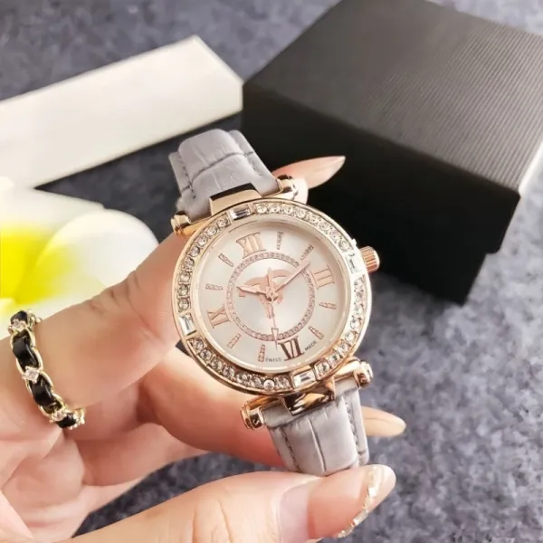 Design Quartz Watch with Crystal Bezel and Gray Leather Strap Watches - 1
