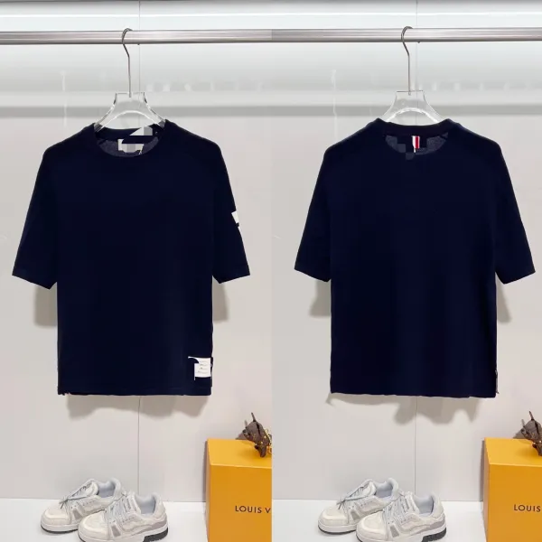 Thom Browne Navy Ribbed Knit T-Shirt with Signature Stripe - 1