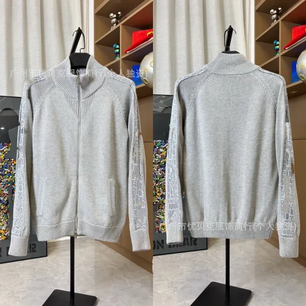 Design Knit Zip-Up Sweater with Embroidered Sleeve Detail Gray - 1