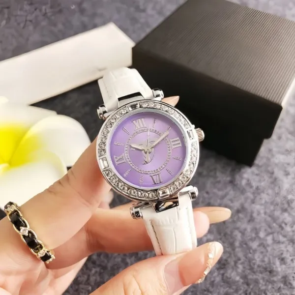 Design Quartz Watch with Crystal Bezel and Gray Leather Strap Watches - 6
