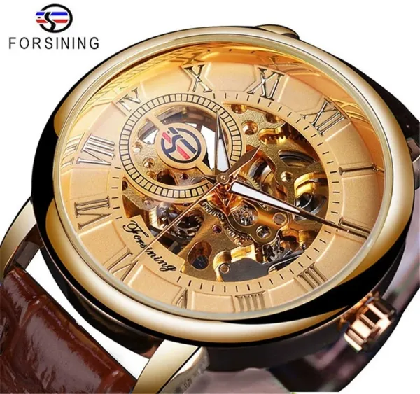 Design Forsining Skeleton Mechanical Watch Gold Brown Leather Strap Watches - 1
