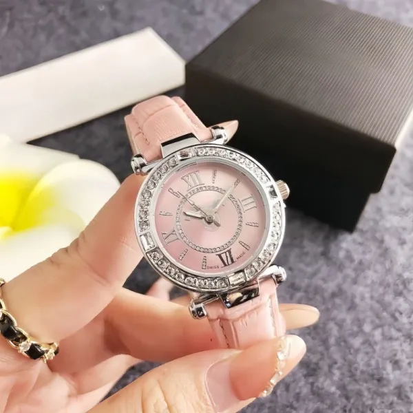 Design Quartz Watch with Crystal Bezel and Gray Leather Strap Watches - 9