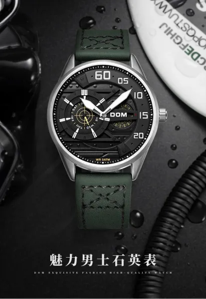 Design DOM DOM Chronograph Military Green Leather Strap Watch Watches - 5