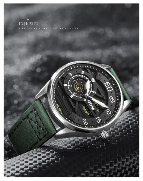 Design DOM DOM Chronograph Military Green Leather Strap Watch Watches - 6