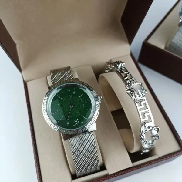 Versace La Greca Green Dial Mesh Watch and Medusa Bracelet Set Watches - 1