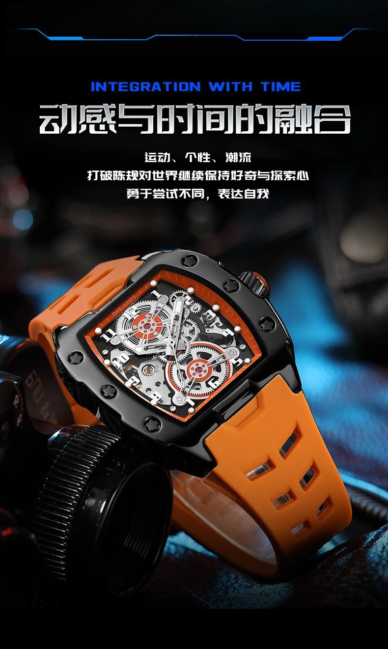 Design MEGIR Mechanical Watch Blue Silicone Strap Automatic Skeleton Watch Watches - 12