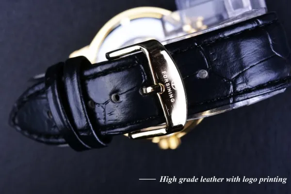 Design Fosining Skeleton Mechanical Watch Gold White Leather Strap Watches - 10