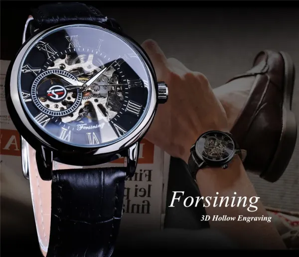 Design Fosining Skeleton Mechanical Watch Gold White Leather Strap Watches - 12