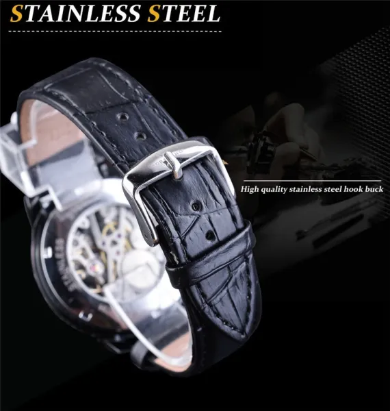 Design Fosining Skeleton Mechanical Watch Gold White Leather Strap Watches - 18