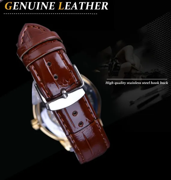 Design Fosining Skeleton Mechanical Watch Gold White Leather Strap Watches - 26