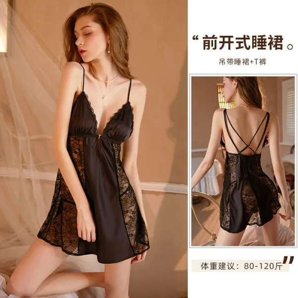 Design Front-Open Lace Sleepwear Set Black - 1
