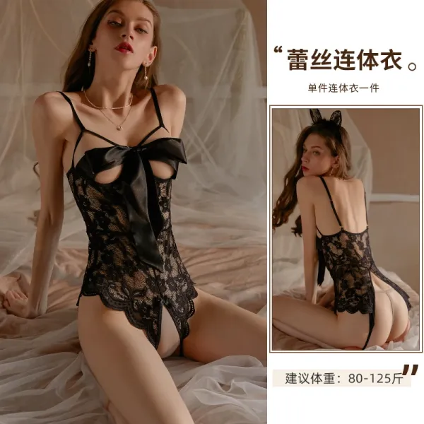 Design Black Lace Bow Detail Bodysuit Underwear - 1