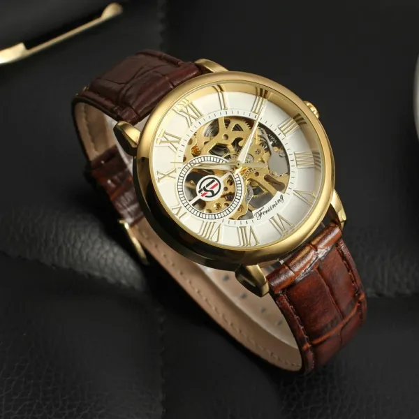 Design Fosining Skeleton Mechanical Watch Gold White Leather Strap Watches - 34