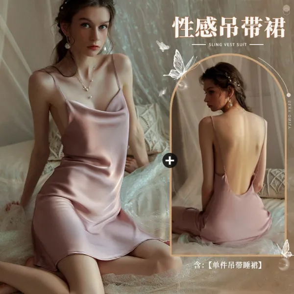 Design Sling Vest Suit Pink Satin Sleepwear - 1