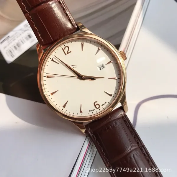 Design Classic Dress Watch Rose Gold Case White Dial Brown Leather Strap Watches - 1