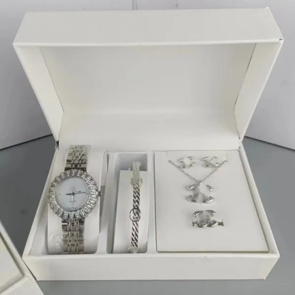 Design Chanel-Inspired CC Logo Jewelry Set Silver Tone Watch and Accessories - 1