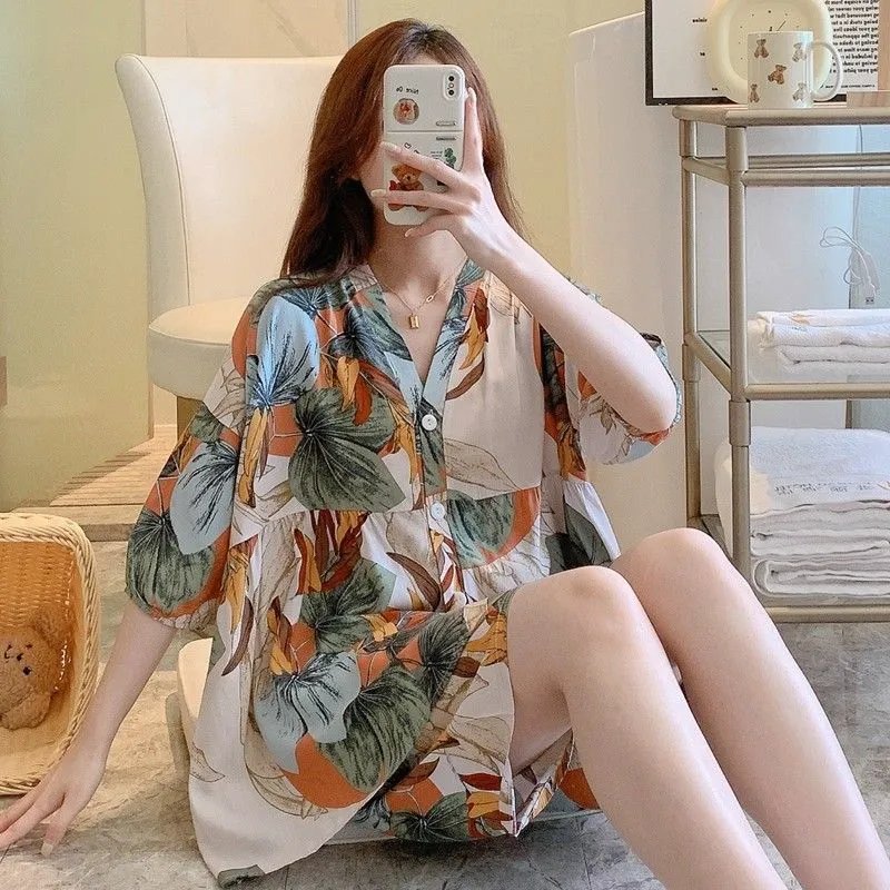 Design Floral Print V-Neck Shirt Dress Multicolor