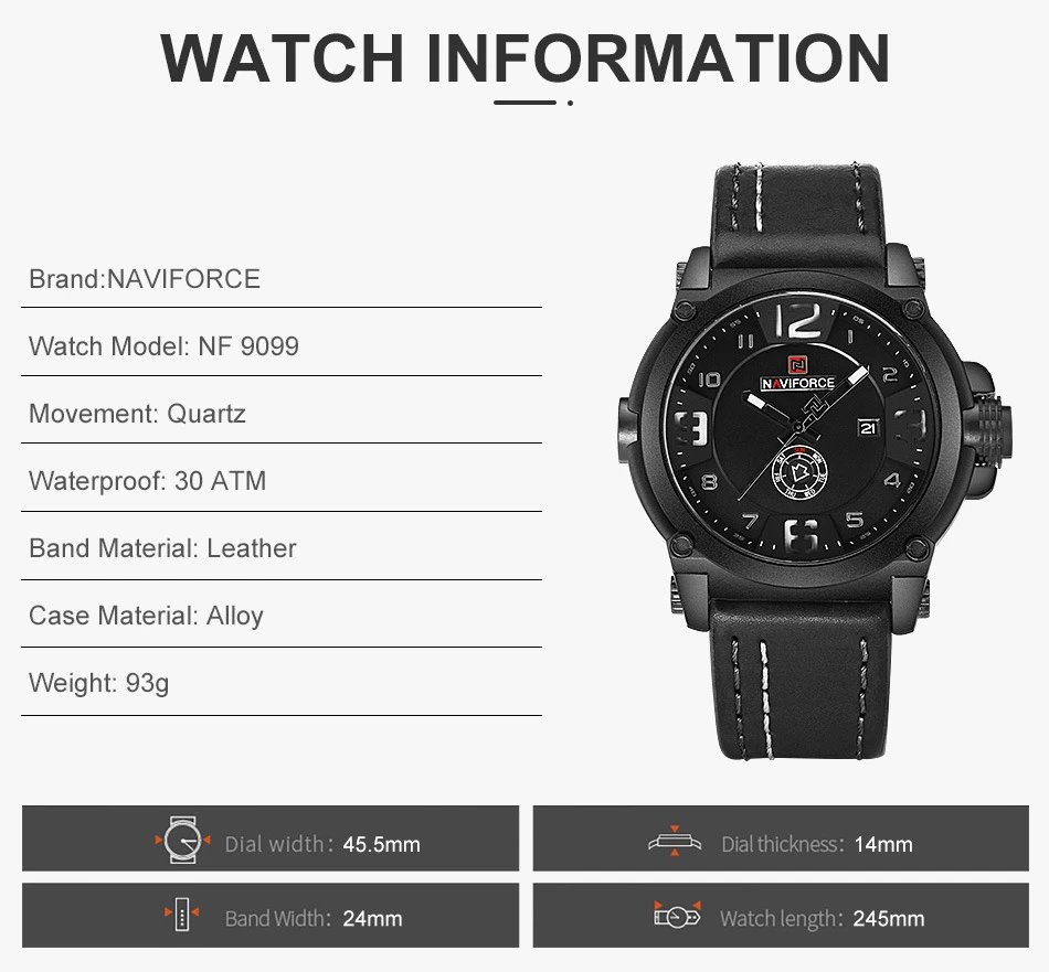 Design NAVIFORCE Military-Style Chronograph Black Dial Brown Leather Strap Watch Watches - 5