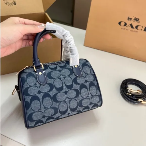 Coach Mini Bowery Boston Bag Navy Signature Canvas Handbag - 1