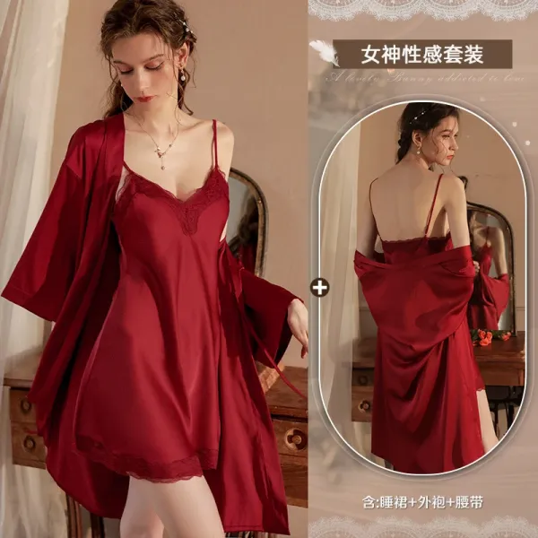 Design Red Satin Lace Trim Sleepwear Set with Robe - 1