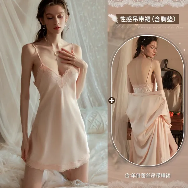 Design Silk Satin Lace Trim Camisole Nightdress with Built-in Bra in Blush Pink Sleepwear - 1