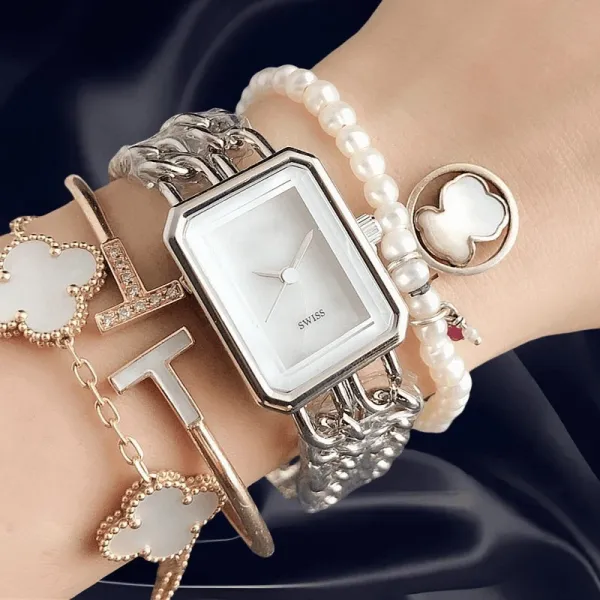 Design Rectangular Chain Link Watch Gold Tone with Mother-of-Pearl Dial Watches - 9