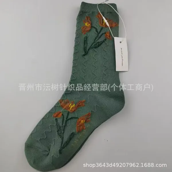 Design Embroidered Floral Black Socks - 5
