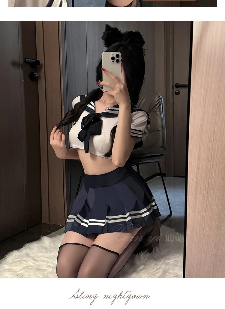 Design Sailor-Style Crop Top + Pleated Skirt Set Navy White - 10