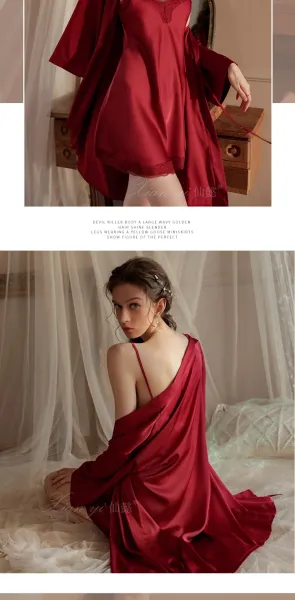 Design Lace Trim Satin Slip Dress with Built-in Bra in Sage Green Sleepwear - 12