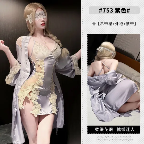 Design #753 Purple Lace-Trimmed Satin Lingerie Set with Robe Sleepwear - 1