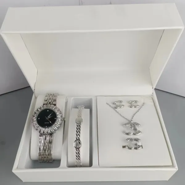 Design Chanel-Inspired CC Logo Jewelry Set Silver Tone Watch and Accessories - 5