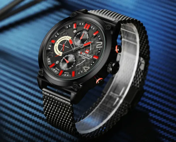 Design NAVIFORCE Chronograph Black Red Mesh Strap Quartz Watch Watches - 19