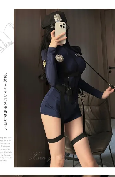 Design Police Woman Costume Set Navy Blue Bodysuit with Harness and Walkie-Talkie Dress - 11