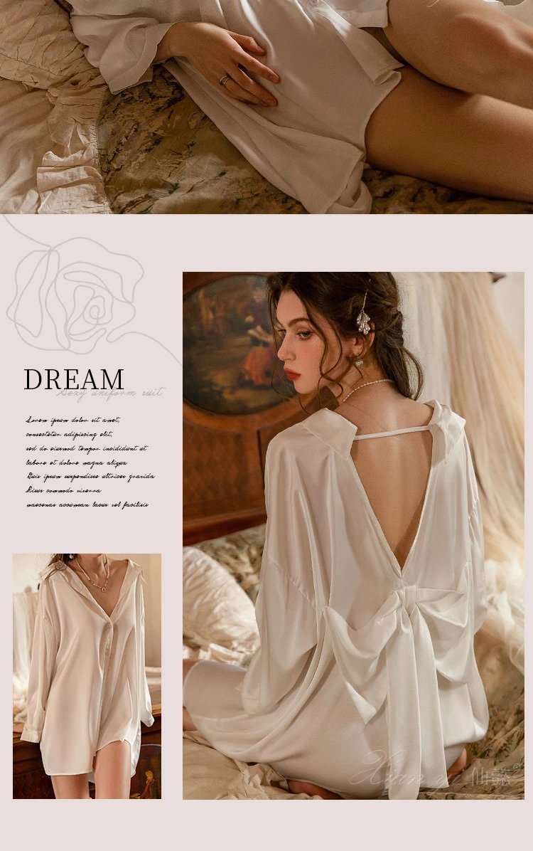 Design Pure Desire Romantic Bow-Knot Shirt Dress White Sleepwear - 14