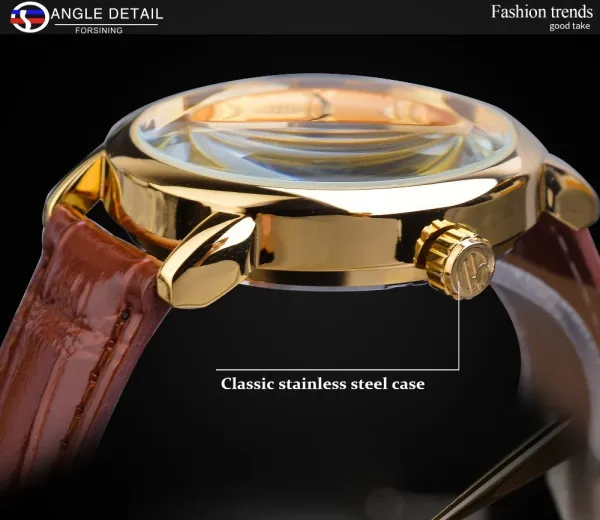 Design Fosining Skeleton Mechanical Watch Gold White Leather Strap Watches - 24