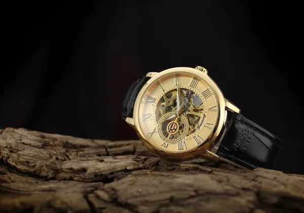 Design Fosining Skeleton Mechanical Watch Gold White Leather Strap Watches - 32