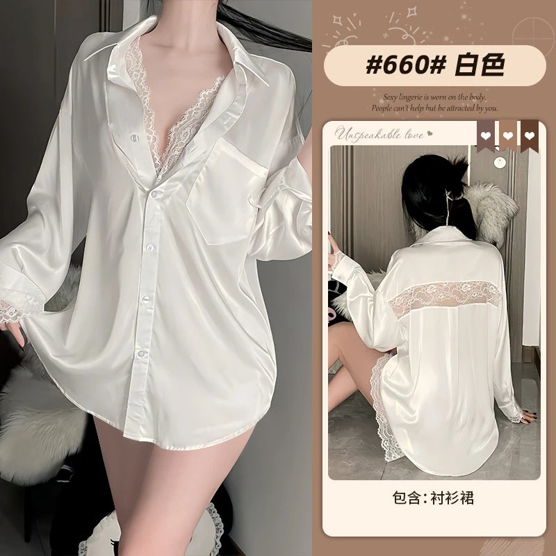 Design Silk Lace-Trimmed Shirt Dress White Sleepwear