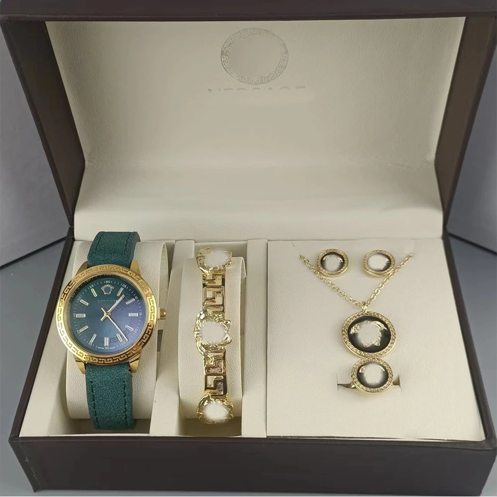 Versace Medusa Iconic Collection Gold-Tone Watch and Jewelry Set with Teal Leather Strap - 6
