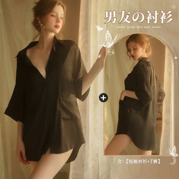 Design Sling Vest Suit Black Sleepwear Set - 1