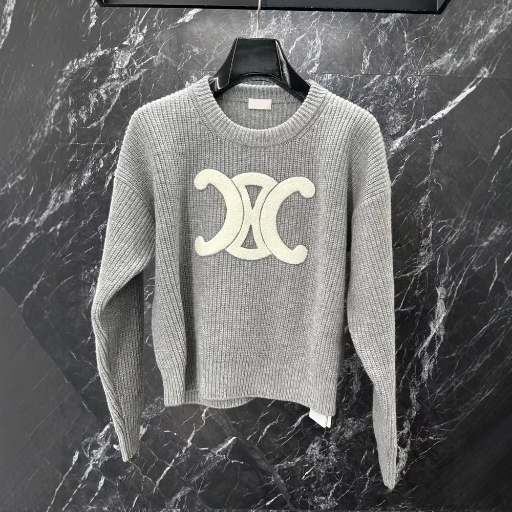 Celine Triomphe Logo Knit Sweater Gray