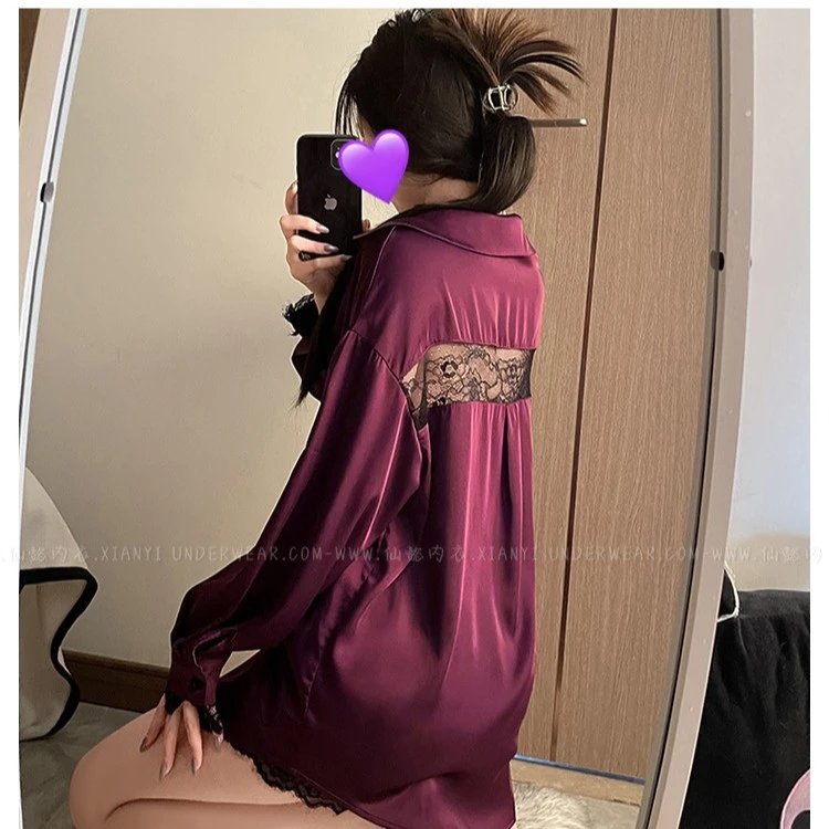 Design Leopard Print Lace-Trimmed Sleepwear Shirt - 17