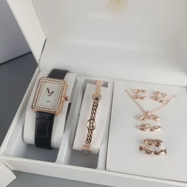Design Rectangular Crystal-Set Watch and Rose Gold Jewelry Set White Accessories - 3
