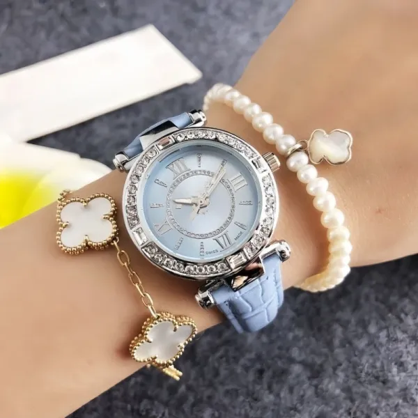 Design Quartz Watch with Crystal Bezel and Gray Leather Strap Watches - 11