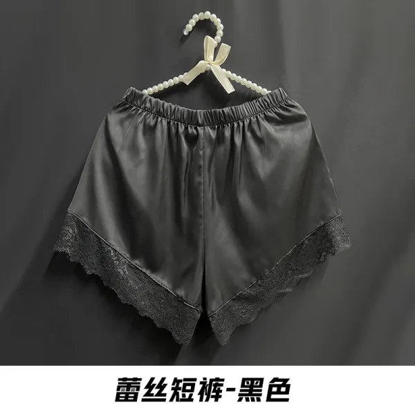 Design Lace-Trimmed Satin Shorts Black Sleepwear - 1