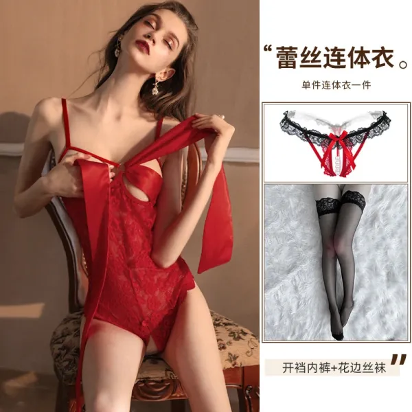 Design Lace Bodysuit with Ribbon Detail Red Underwear Set - 1
