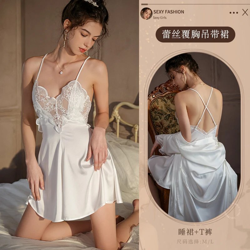 Sexy Fashion Lace-Trimmed Satin Slip Dress with Cross-Back