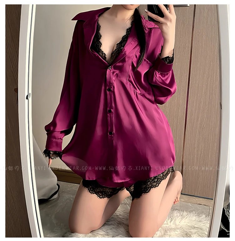 Design Leopard Print Lace-Trimmed Sleepwear Shirt - 19